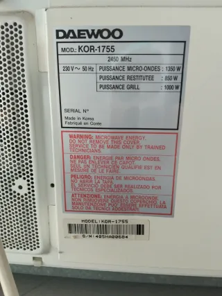 Regalo microondas Daewoo Grill Blanco NO FUNCIONA