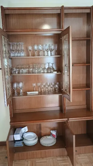 Mueble salón modular vintage madera y cristal