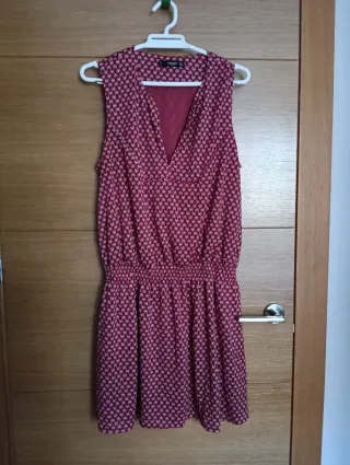 Vestido Mango Rojo Talla L Flores Blancas