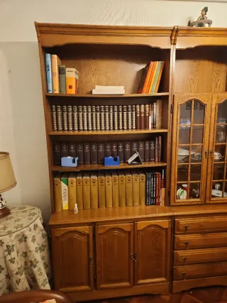 Librería de madera con puertas de cristal..