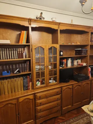 Librería de madera con puertas de cristal..