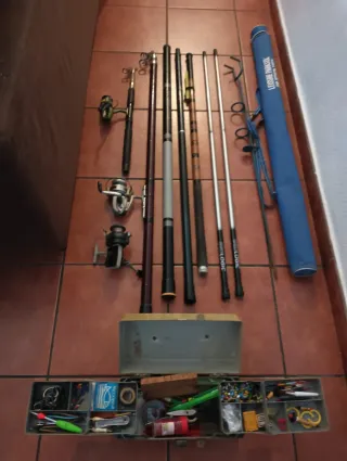 Lote de pesca: cañas, carretes y caja