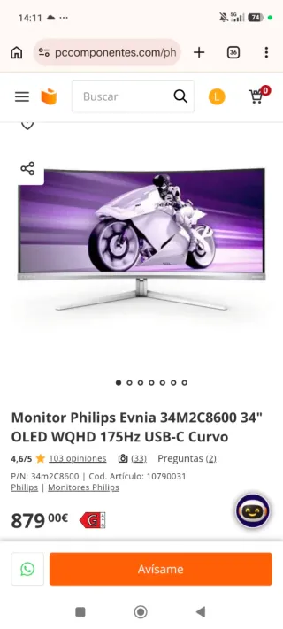 Monitor Philips Evnia 34 OLED WQHD 175Hz Sin caja