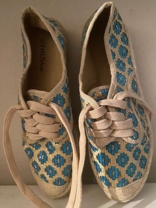 Zapatillas esparto azul turquesa  y dorado