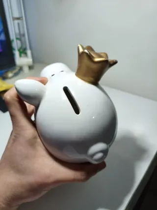 Hucha Cerdo Blanco Corona Dorada Cerámica