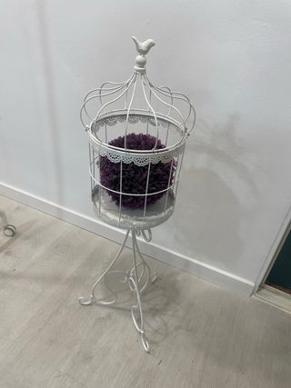 Jaula Decorativa Metal Blanco Flor Morada