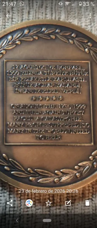 Moneda Conmemorativa Turquía Terremoto 1999