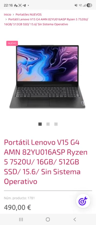 Portátil Lenovo V15 G4 Ryzen 5 7520U 16GB/512GB SS