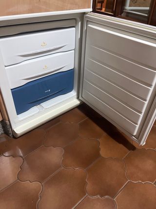 Nevera blanca con puertas de madera