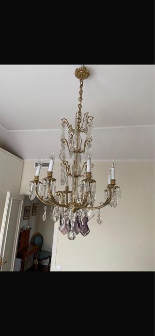 Lámpara de araña Luis XV dorada y cristal