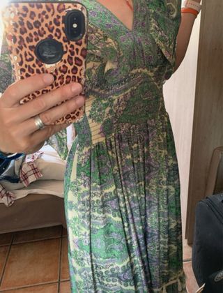 Vestido largo estampado verde y morado