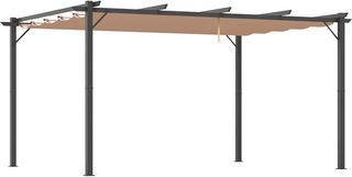 Gazebo Pergola da Giardino 3X4M con Tetto Scorrevole in Poliestere e Struttura in Alluminio, Grigio e Marrone