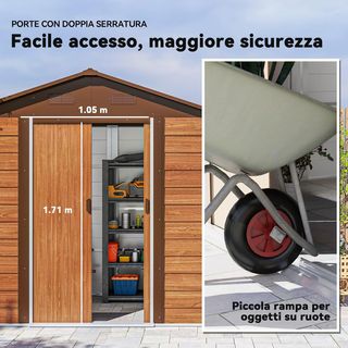 Capanno da Giardino 4,07m² in Acciaio Zincato con Fori di Drenaggio e Ventilazione, Capanno per Attrezzi con Tetto Inclinato, Doppie Porte Scorrevoli Bloccabili, Design Effetto Legno, Marrone