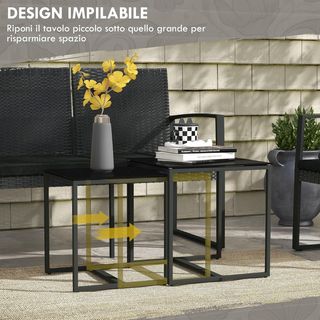 Set da Giardino 5 Pezzi con 2 Sedie, Divano e 2 Tavoli, Mobili da Giardino con Sedute e Cuscini e Tavolo in Cristallo, Nero