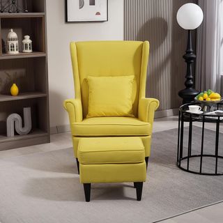 Poltrona Relax con Pouf, Cuscino e Alto Schienale, Poltroncina per Camera da Letto in Tessuto Imbottito con Gambe in Legno e Braccioli per Soggiorno e Salone, 75X83X104 Cm, Giallo