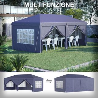 Gazebo Pieghevole 6X3 M Pop up Con 4 Finestre E Pannelli Laterali, 2 Porte E Borsa Da Trasporto, Gazebo Da Esterno Con 12 Fori Di Drenaggio In Metallo E Oxford, Per Giardino, Feste, Blu
