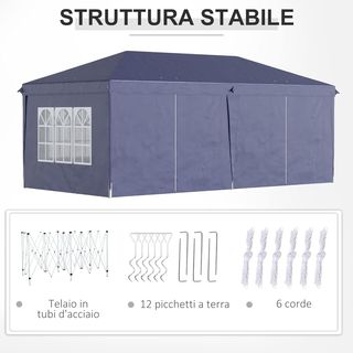 Gazebo Pieghevole 6X3 M Pop up Con 4 Finestre E Pannelli Laterali, 2 Porte E Borsa Da Trasporto, Gazebo Da Esterno Con 12 Fori Di Drenaggio In Metallo E Oxford, Per Giardino, Feste, Blu