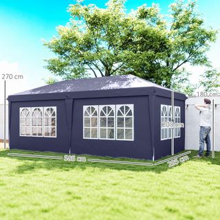 Gazebo Pieghevole 6X3 M Pop up Con 4 Finestre E Pannelli Laterali, 2 Porte E Borsa Da Trasporto, Gazebo Da Esterno Con 12 Fori Di Drenaggio In Metallo E Oxford, Per Giardino, Feste, Blu