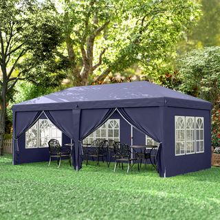 Gazebo Pieghevole 6X3 M Pop up Con 4 Finestre E Pannelli Laterali, 2 Porte E Borsa Da Trasporto, Gazebo Da Esterno Con 12 Fori Di Drenaggio In Metallo E Oxford, Per Giardino, Feste, Blu