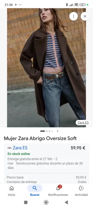 Abrigo Oversize Soft Zara Marrón ,xs amplia