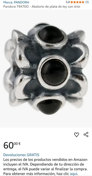 Charm Pandora Original Onix Plata