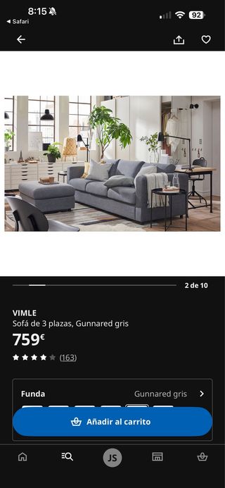Sofá 3 plazas Ikea VIMLE Gris
