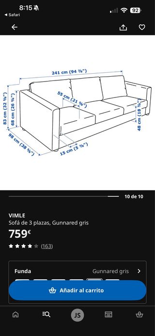 Sofá 3 plazas Ikea VIMLE Gris