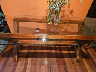 Mesa Comedor Cristal y Madera + 4 Sillas