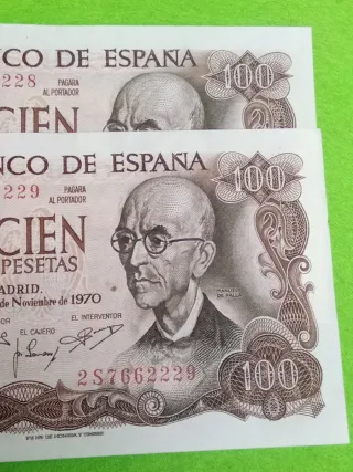 Pareja 2 Billetes 100 Pesetas España 1970