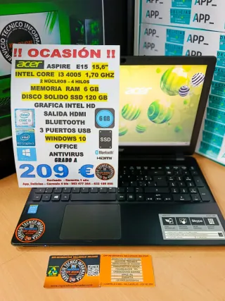 Acer Aspire E15 Portátil i3 6GB RAM 120GB SSD