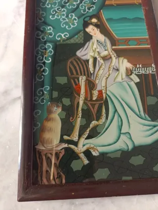 Pintura china inversa cristal mujer gato 15 x24 cm