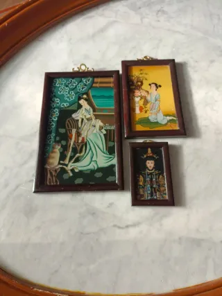 3 Cuadros Chinos Pintura Inversa Antiguos