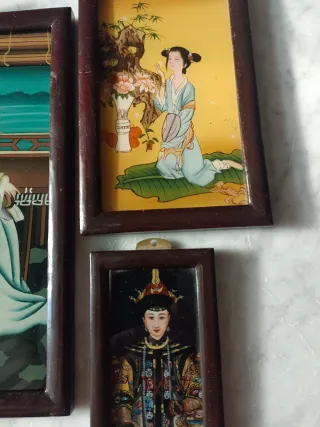 3 Cuadros Chinos Pintura Inversa Antiguos