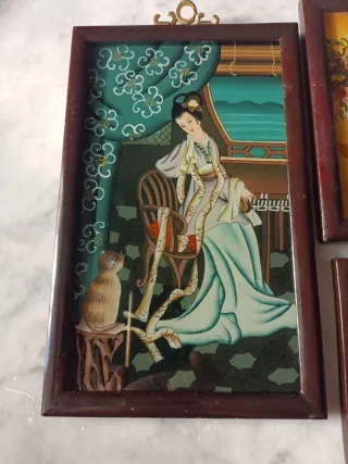 3 Cuadros Chinos Pintura Inversa Antiguos