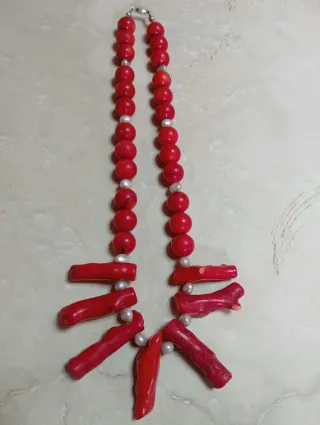 Coral rojo natural mediterráne, perlas, collar