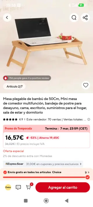 MESITA PLEGABLE BAMBÚ TIPO BANDEJA CON PATAS 50X30