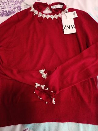 Jersey Zara Mujer Rojo Perlas Talla S