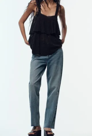 Blusa Zara Negra Encaje Volantes