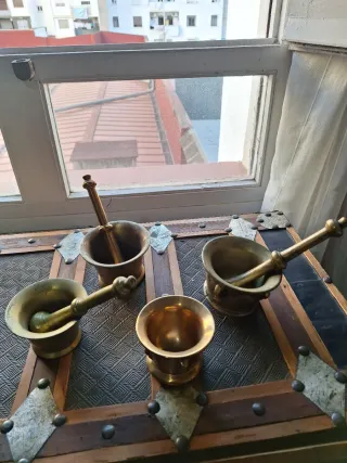 Lote 4 morteros y mano bronce antiguo