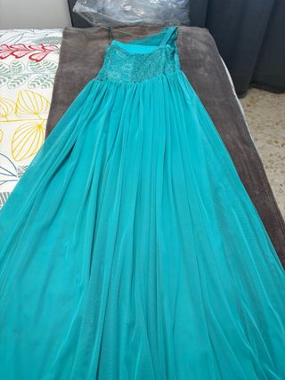 Vestido de fiesta largo azul verdoso