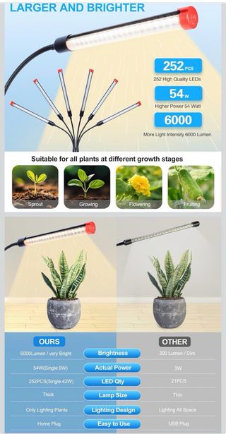 Luz Cultivo 6 Cabezales con Soporte y Temporizador