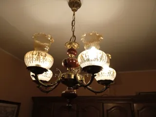 Lámpara de bronce y cerámica, tulipas de cristal