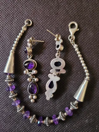 Conjunto Amatista Plata: Pulsera y Pendientes