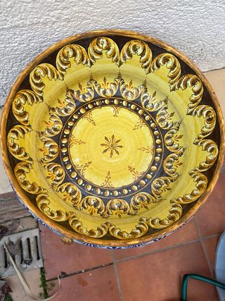 Jardinera Mayólica Antigua Azul y Dorada