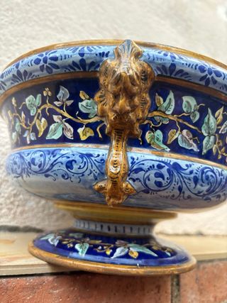 Jardinera Mayólica Antigua Azul y Dorada