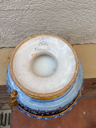 Jardinera Mayólica Antigua Azul y Dorada