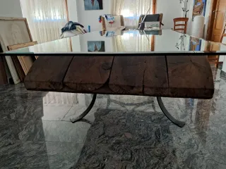 Mesa comedor antigua cristal, trilla y forja