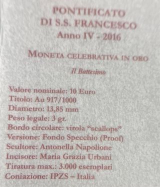 Moneda Oro 3 gr. Papa Francisco 2016