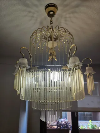 Lámpara de techo vintage dorada y cristal