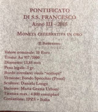Moneda Oro 3 gr. Papa Francis 10€  2015